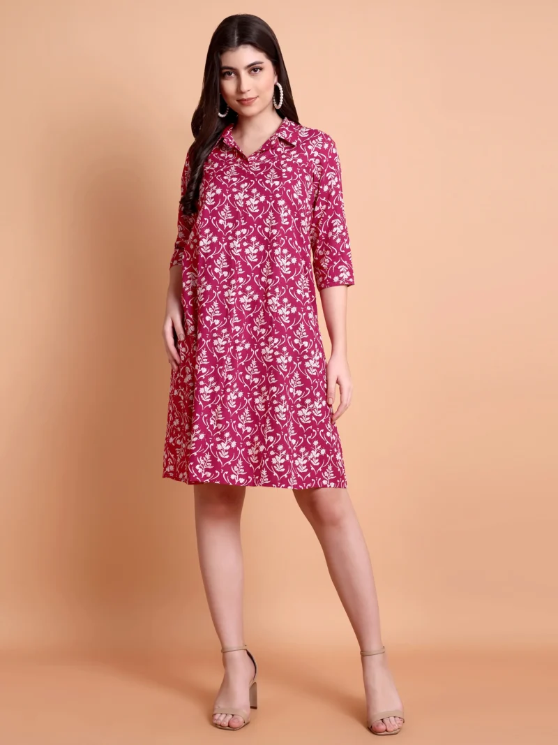 Floral Printed Shirt Collar Pleated A-Line Dress