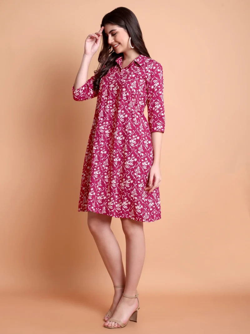 Floral Printed Shirt Collar Pleated A-Line Dress