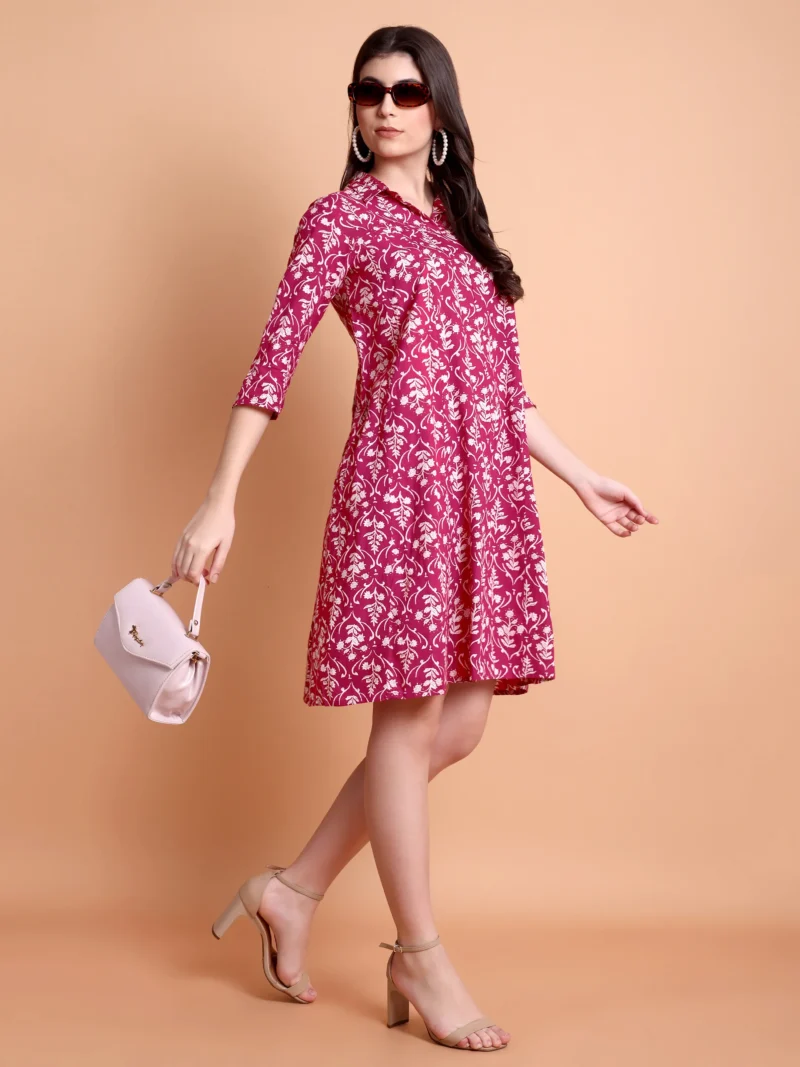 Floral Printed Shirt Collar Pleated A-Line Dress